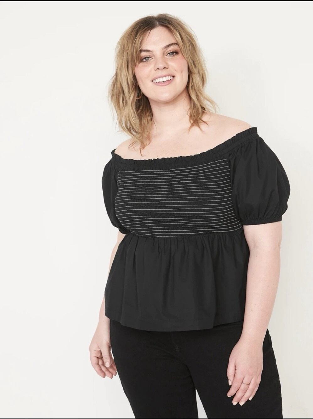 Old Navy Womenโs Off-The-Shoulder Smocked Babydoll Blouse Sz 2X Cottagecore Boho